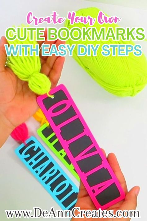 This image shows a pair of hands holding a colorful bookmark with a tassel while two other bookmarks lay on the surface below.  There is also a ball of lime green yarn near the bookmarks as well. Diy Name Bookmark, Personalized Bookmarks Diy, Cardstock Bookmarks Diy, Cricut Bookmark Ideas Cardstock, Svg Bookmarks Free, Bookmark Cricut Ideas, Bookmarks Diy Cricut, Diy Book Markers, Cricut Bookmarks Svg Free