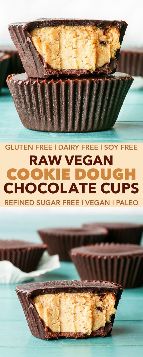 Raw Vegan Cookie Dough Chocolate Cups - The Loopy Whisk Loopy Whisk, Healthy Vegan Dessert, Chocolate Melts, Oatmeal Bake, Cookie Dough Filling, Weight Watcher Desserts, Paleo Snack, Coconut Dessert, Vegan Cookie