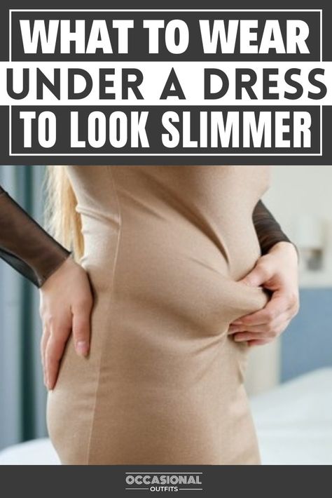 Girl wearing a dress holding her fat belly Shapewear Before And After Dress, Plus Size Body Shapers For Dresses, Shapewear Under Dress, What To Wear Under A Dress, How To Dress Slimmer, How To Dress Up A Plain Dress, What To Wear Over A Dress When Its Cold, How To Dress To Look More Slim, Diy Shapewear