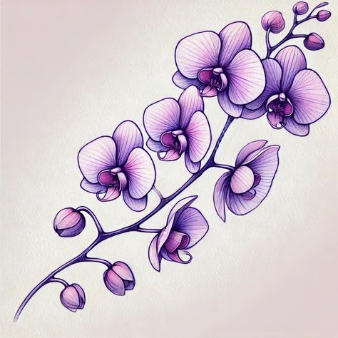 Purple Orchid Drawing, Orchid Tattoo Design Drawings, Orchid Flower Drawing, Orchid Tattoo Design, Purple Orchid Tattoo, Orchids Tattoo, Draw Nature, Orchid Drawing, Orchid Tattoo