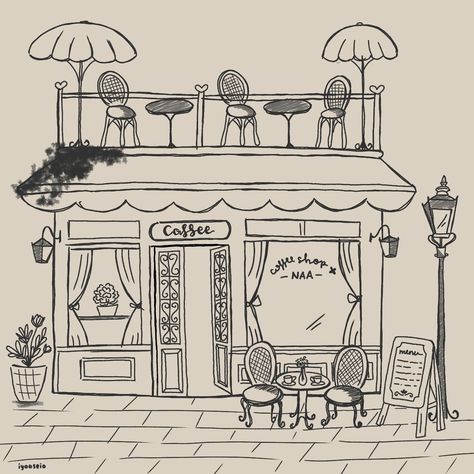 coret coret, ibispaintx, coffee shop sketch, coffee shop Bakery Drawing Cute, Cafe Drawing Aesthetic, Town Drawing Simple, Café Drawing, Building Sketches Simple, Flower Shop Drawing, Architecture Sketch Simple, Simple Architecture Drawing, Coffee Shop Drawing