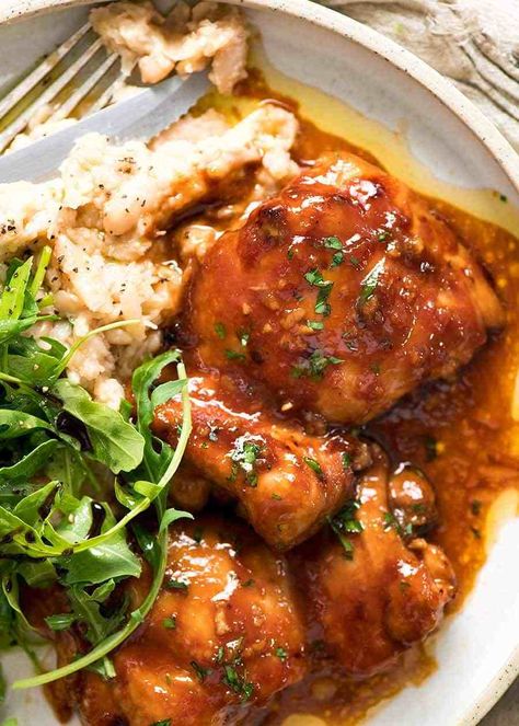 Overhead photo of Sticky Baked Chicken Thighs on a plate with a side of mashed white beans and rocket parmesan salad Chicken Thigh Fillet Recipes, Sticky Chicken Thighs, Fillet Recipes, Cooking Chicken Thighs, Chicken Breast Crockpot Recipes, Crockpot Chicken Breast, Sticky Chicken, Recipetin Eats, Boneless Chicken Thigh Recipes