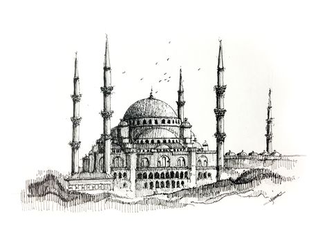 The Sultan Ahmed Mosque, Istanbul, Turkey.  Ink drawing. Copyright © 2017 [Hossam el yamani]. All Rights  Reserved. Sultan Ahmed Mosque Drawing, Mosque Tattoo, Mosque Sketch, Istanbul Drawing, Turkey Mosque, Mosque Drawing, Istanbul Mosque, Sultan Ahmed Mosque, Drawing Scenery