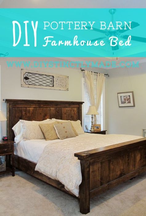 DIY Pottery Barn Farmhouse Bed - Easy plan and cost less than $200 to build | DIYstinctlyMade.com #diy #potterybarn #farmhouse Pottery Barn Farmhouse Bed, Pottery Barn Farmhouse, Diy Farmhouse Bed, Diy Keramik, Farmhouse Bed, Diy Platform Bed, Diy Bed Frame, Cama King, Farmhouse Bedding