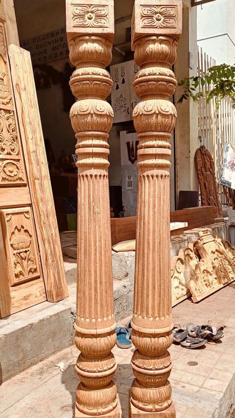 Indian Pillars Design, Wooden Pillars Design, Indian Pillar, Refurbished Door, Wood Pillars, Wooden Pillars, Foyer Entrance, House Outer Design, Interior Staircase