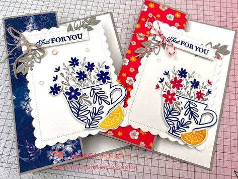 Stampin Up Cup Of Tea, Triangle Cards, Merriest Moments, Tea Boutique, Tea Cup Card, Peaceful Place, Card Techniques, Classic Card, Fold Cards