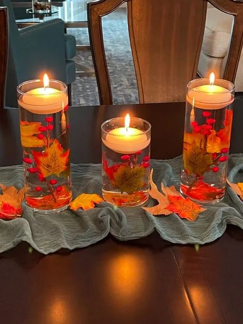 Orbeez Centerpieces Fall, Floating Candle Thanksgiving Centerpieces, Fall Floating Candle Ideas, Fall Decor With Water Beads, Water Beads Centerpiece Fall, Floating Candle Centerpieces Thanksgiving, Orbeez Vase Ideas, Thanksgiving Floating Candles, Thanksgiving Floating Candle Centerpiece