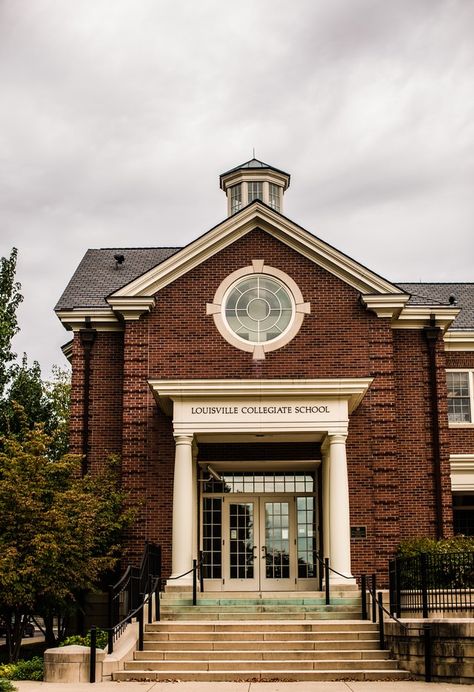 a traditional brick building with columns High School In America, Boarding School Aesthetic, Private High School, School Building Design, Schools In America, Building Aesthetic, School Campus, States In America, Catholic School