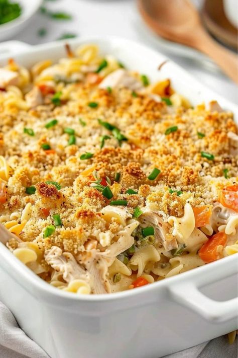 This chicken noodle casserole is as comforting as it gets! Packed with chicken, veggies, and egg noodles in a creamy sauce, you'll flip for it. Loaded Cheesy Chicken Noodle Casserole, Cheesy Chicken Noodle Bake, Campbells Chicken Noodle Casserole, Pioneer Woman Chicken Noodle Casserole, One Pan Chicken And Noodles, Gluten Free Chicken Noodle Casserole, Tuna Noodle Casserole With Cream Of Chicken, Escalloped Chicken And Noodles, Campbells Cream Of Mushroom Soup Recipes Chicken Noodle Casserole