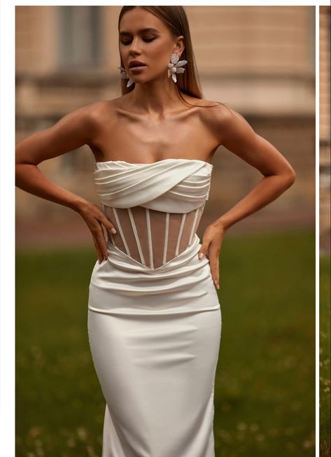 White Strapless Midi Dress, Midi Wedding Dress, Draped Bodice, Mesh Corset, Wedding Dresses Corset, Dream Wedding Ideas Dresses, Etsy Wedding Dress, Strapless Midi Dress, Engagement Dresses