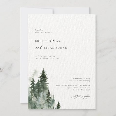 Wild Pine Forest Rustic Wedding Invitation  Zazzle Evergreen Wedding Invitations, Pine Tree Wedding Invitations, Pnw Wedding Invitations, Wedding Invite Simple, Forest Theme Invitations, Forest Green Wedding Invitations, Wedding Invitations Forest, Woodsy Wedding Invitations, Boho Forest Wedding