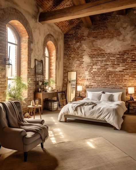 Light Brick Bedrooms ☀️🧱🛏 . . Conjured blending Midjourney AI, Photoshop and Topaz 🧙‍♂️🪄 . . .  #brick #brickhouse #bedroomdecor… | Instagram Shabby Chic Industrial Decor, Brick Wall Bedroom, Brick Bedroom, Eclectic Loft, Brick Interior Wall, Brick Interior, Light Brick, Loft Interiors, Exposed Brick Walls