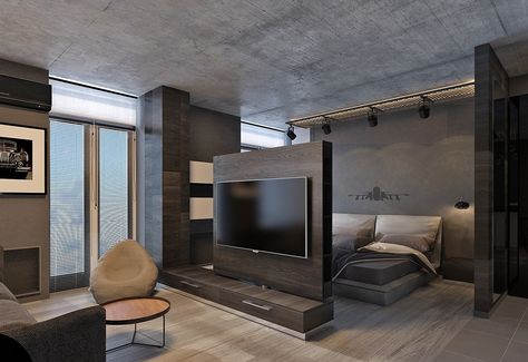 4 Dark Living Rooms With Strong Personality Dark Studio Apartment, Modern Studio Apartment Ideas, Luxury Studio Apartment, Modern Studio Apartment, Studio Apartment Living, Dark Living Rooms, Small Apartment Interior, Small Apartment Design, Living Room Partition Design