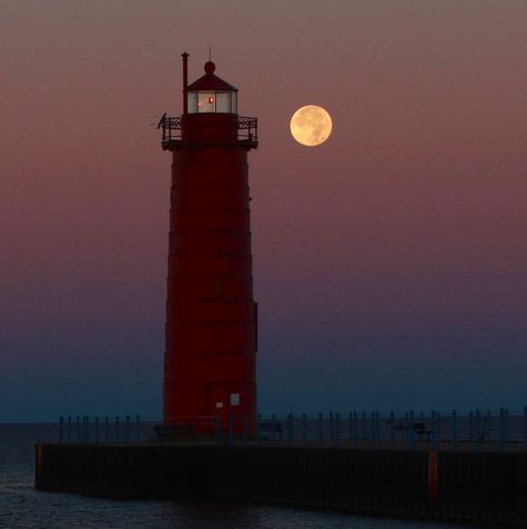 Super Moon set lighthouse Muskegon’s Pere Marquette beach on Lake Michigan Muskegon Channel Muskegon Michigan Muskegon Michigan, Moon Setting, Super Moon, Lake Michigan, Summer Travel, Lighthouse, Michigan, Lake