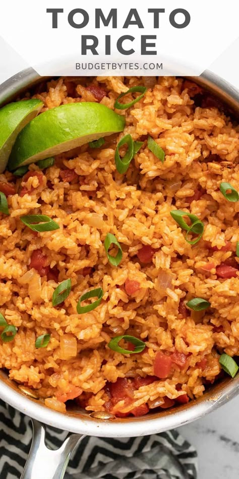 Tomato rice is an easy yet flavorful side dish that uses only a few simple ingredients, and it's sure to liven up any dinner plate! BudgetBytes.com Flavored Rice Recipes, Budget Bytes Recipes, Plant Based On A Budget, Bulgur Recipes, Weekly Meal Ideas, Cheap Meal Plans, Walking Tacos, Tomato Rice, Soy Free Recipes