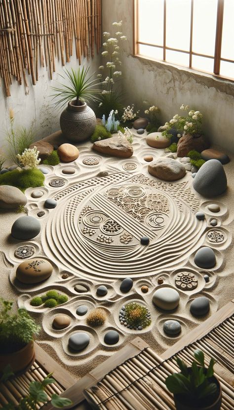 A serene image of a boho-style zen garden with sand and stones Indoor Zen Garden, Zen Sand Garden, Small Japanese Garden, Mini Zen Garden, Zen Garden Design, Healing Room, Zen Room, Japan Design, Slow Living