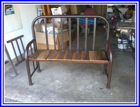 Find Metal Bed Bench. As if built from the remnants of a bed in the old west, these metal bed benches are an interesting feature for a rustic outdoor style. They would be very much at home on a ranch or anywhere with wide open spaces. And they are sturdy, with a steel frame and wood seat area. Take a … Metal Bed Frame Ideas Repurpose, Metal Outdoor Bench, Bed Frame Bench, Repurposed Headboard, Old Bed Frames, Headboard Benches, Old Headboard, Iron Bed Frame, Old Beds