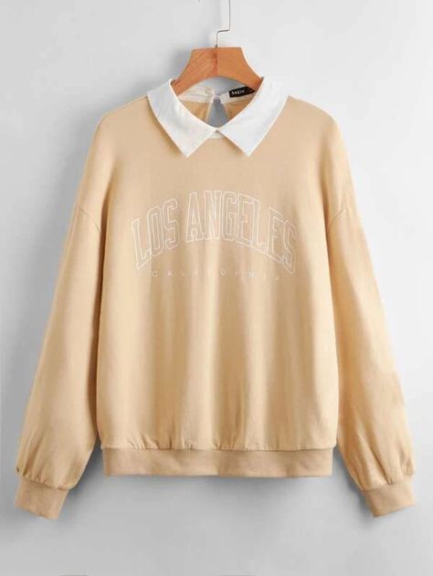 SHEIN Contrast Collar Letter Graphic Pullover | SHEIN EUR Oversize Clothes, Sweat Vintage, Hoodie Store, Kawaii Hoodie, Beige Sweatshirt, Oversized Clothes, Vintage Los Angeles, Retro Mode, Birthday Wishlist