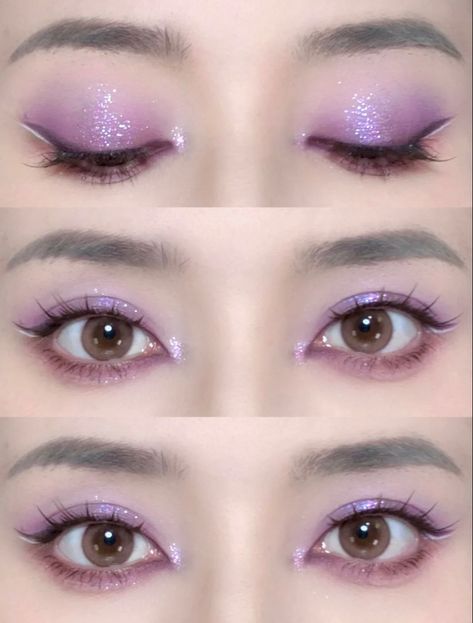 Natural 15 Makeup, Kpop Purple Makeup, Purple Makeup Looks Asian, Subtle Rainbow Eyeshadow, Light Purple Simple Makeup, Cute Purple Eye Makeup, Korean Purple Eye Makeup, Dark Pink Eye Makeup Looks, Purple Eye Makeup Douyin