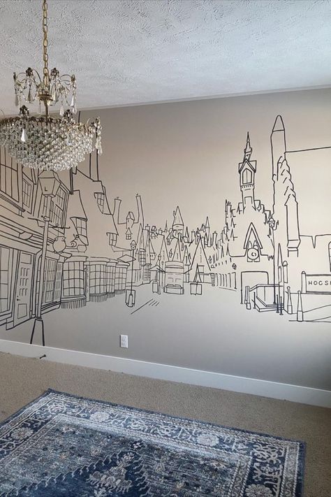 Harry Potter Hogsmeade wall mural Harry Potter Home Wallpaper, Hogwarts Mural Nursery, Hogwarts Wall Mural Diy, Harry Potter Mural Ideas, Harry Potter Inspired Bedroom Wallpaper, Hogwarts Wall Mural, Harry Potter Bedroom Wallpaper, Hogwarts Wall Painting, Harry Potter Wall Painting Ideas