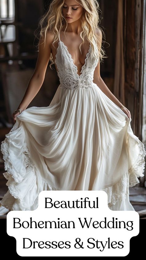 A beautiful Bohemian wedding dress with flowing fabrics and unique details, capturing the essence of boho-chic elegance. Fall Bohemian Wedding Dress, Princess Boho Wedding Dress, Boho Wedding Dress Lace Romantic, Hippie Boho Wedding Dress, Vow Renewal Ideas Dresses, Boho Fall Wedding Dress, Unique Wedding Dresses Different, Mystical Wedding Dress, Wedding Dress Mountain