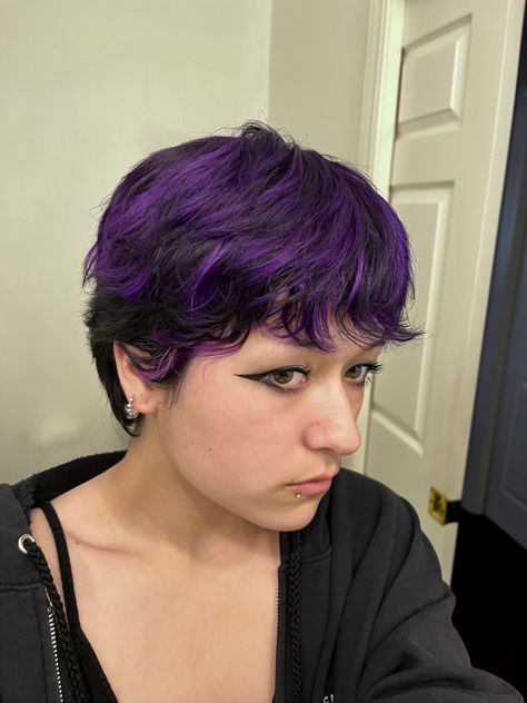 Purple And Black Short Hair, Short Hair Purple Highlights, Purple Pixie Hair, Purple Hair Short, Purple Short Hair, Purple Pixie Haircut, Pixie Purple Hair, Short Purple Hair Pixie, Pixie Haircut Purple