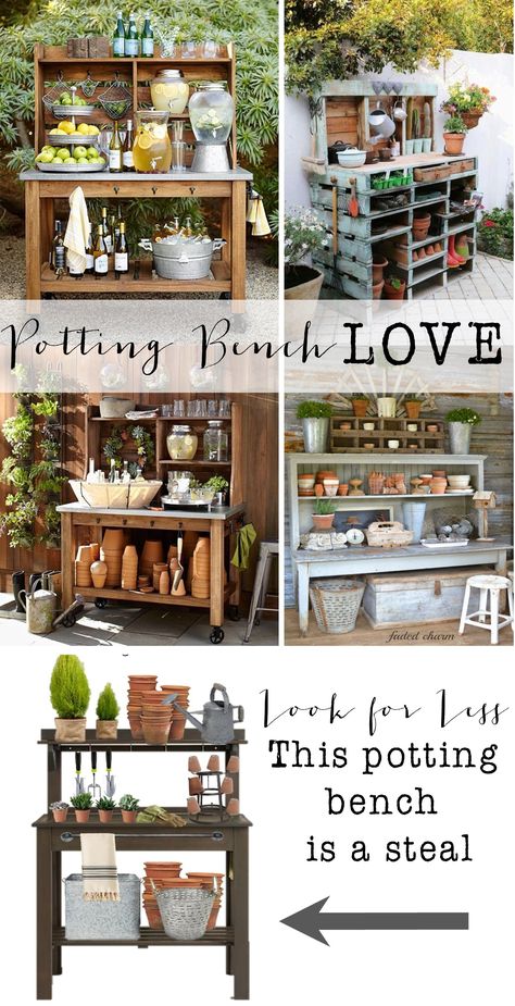 Potting Bench Love- look for less.  I am sharing my love of cute potting benches.  Los of inspiration pictures and ideas.  Plus how to get a potting bench for a steal of a deal!!  These also make great drink stations if you are not into gardening Gardening Table, Potting Bench Ideas, Potting Bench Plans, Potting Station, Outdoor Potting Bench, Drink Stations, Potting Benches, Potting Tables, Potting Table