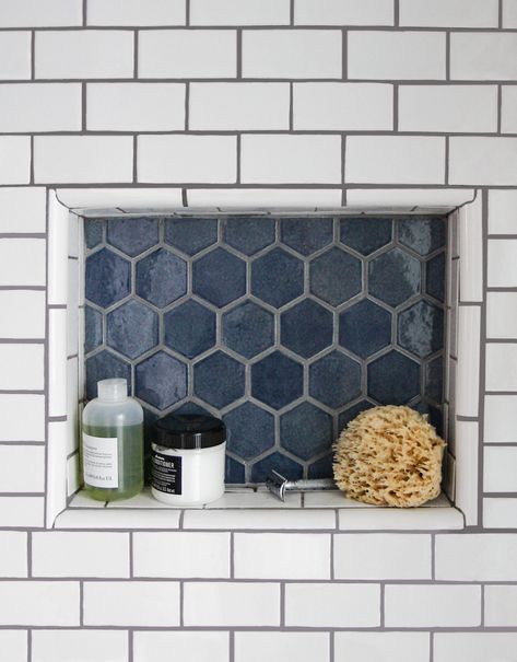 8 Things I Learned During My Bathroom Tile Renovation – Mercury Mosaics Blue Hexagon Tile, Bathroom Tile Renovation, Diy Cozinha, Tile Shower Niche, Bathroom Niche, Tile Renovation, Mercury Mosaics, Hexagon Tile, Interior Minimalista