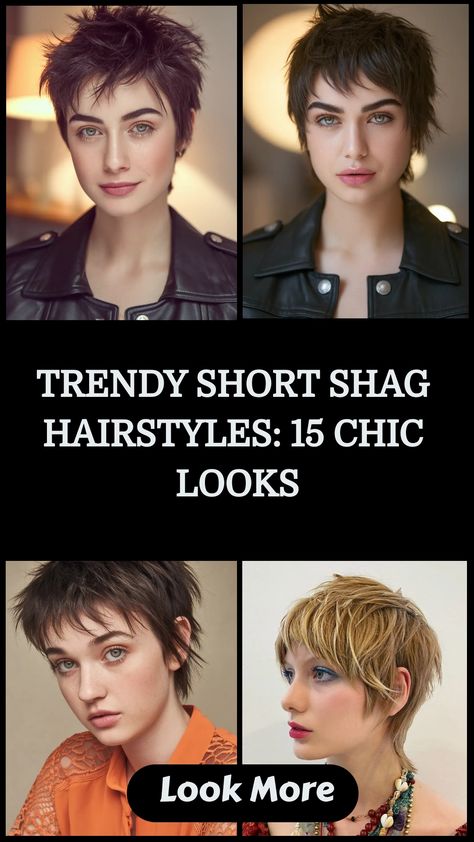 Looking for a fresh and trendy new hairstyle for the upcoming season? Check out these stunning short shag hairstyles! Short shaggy haircuts are all the rage right now, offering a chic and effortless look that is perfect for any occasion. Whether you prefer a modern textured bob or a tousled pixie cut, there's a short shag style to suit every taste. Say goodbye to boring hair days and hello to easy, low-maintenance locks with these fabulous short shag hairstyles! Short Chunky Hair, Shag Hairstyles Short, Short Shaggy Hair, Tousled Pixie, Hairstyles 15, Black Cherry Hair Color, Black Cherry Hair, Cherry Hair Colors, Short Shaggy Haircuts