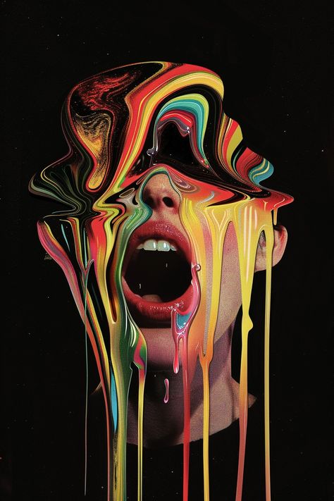 an illustration of a human anatomy model with her mouth open as gooey fluid liquified melting rainbows drip over her head down her face and from her tongue, black background, pop surrealism, lowbrow art, op art, by Milton glaser and Peter max --v 6 Melting Painting Ideas, Pai, Open Mouth Tongue Out Reference Drawing, Surreal Art Portrait, Melting Painting Art, Head Explosion Art, Melting Face Makeup, Melting Person Art, Open Head Art