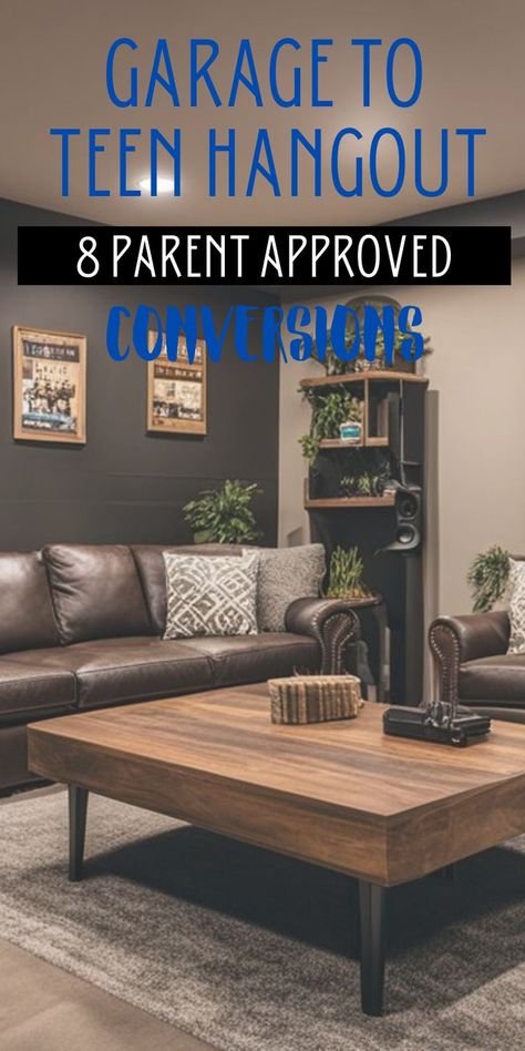 Comfortable hangout room for teens in a garage conversion. Teen Playroom Ideas Game Rooms, Hangout Room Ideas Teen Lounge, Garage Turned Into Living Space, Teen Playroom, Kids Hangout Room, Teen Basement, Teen Lounge Rooms, Hangout Room Ideas, Teen Hangout Room