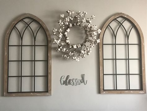 Cathedral Window wall decor from Hobby Lobby, real cotton wreath and blessed sign found on Amazon Cathedral Wood Wall Decor, Cathedral Arch Wall Decor Living Room, Cathedral Mirror Wall Decor Ideas, Wall Arches Decor Ideas Living Room, Decorating With Cathedral Arches, Cathedral Window Wall Decor Ideas, Cathedral Mirror Decor, Window Wall Decor Living Room, Mirror Arch Wall Decor