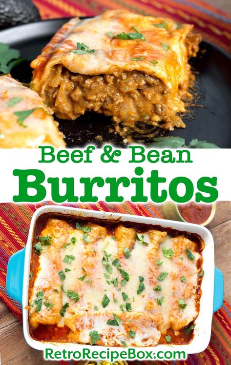 Beef and Bean Burritos are perfect for feeding your hungry crowd. These tasty burritos have lots of ground beef and bean filling and a good amount of cheese to make these oven baked burritos extra delicious! retrorecipebox.com Essen, Ground Beef Burritos, Beef And Bean Burritos, Bean Burritos Recipe, Easy Burrito Recipe, Baked Burritos, Homemade Burritos, Burritos Beef, Beef Burrito Recipe