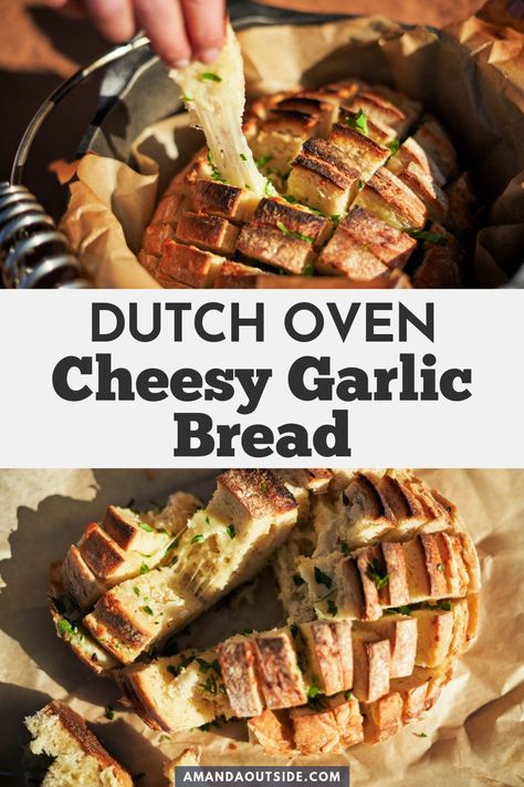 Dutch oven garlic bread is an easy and delicious appetizer for your next camping trip! With just a few ingredients and a dutch oven, you can make a super cheesy pull-apart garlic bread to go along with your next camping meal. Grab the recipe and let’s get started. #camping #garlicbread Dutch Oven Garlic Bread, Oven Garlic Bread, Cheesy Pull Apart Garlic Bread, Oven Garlic, Glamping Recipes, Easy Dutch Oven Recipes, Dutch Oven Recipes Cast Iron, Pull Apart Garlic Bread, Dutch Oven Camping Recipes