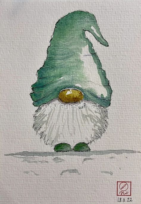 Christmas Whimsical Art, Hand Painted Cards Ideas Simple, Gonk Art, Watercolour Gnomes, Watercolor Christmas Art, Watercolor Christmas Cards Diy, Watercolor Gnome, Watercolor Cartoon, Painted Christmas Cards