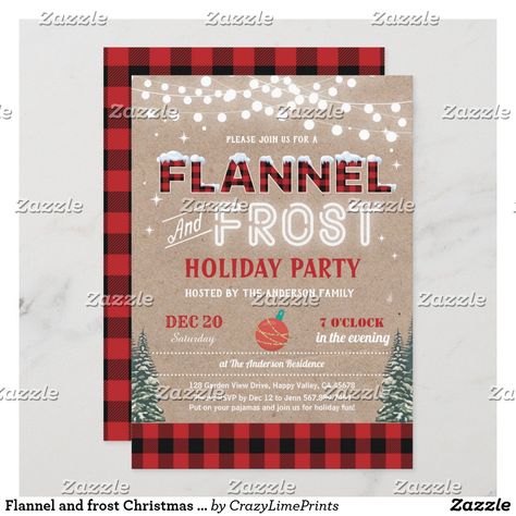 Flannel and frost Christmas holiday party rustic Invitation Pink Party Tables, Flannel Party, Rustic Christmas Party, Hosting Holiday Party, Rustic Invitation, Christmas Party Themes, Gold Party Decorations, Christmas Holiday Party, Christmas Invitation