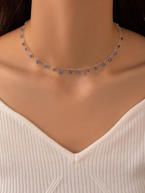 1pc Fashion Zinc Alloy Rhinestone Charm Chain Necklace For Women For Dating Gift Jewel Choker, Light Blue Necklace, Hoco Nails, Communion Ideas, Dating Gifts, Blue Girl, Dainty Choker, Girl Accessories, Women Pendant