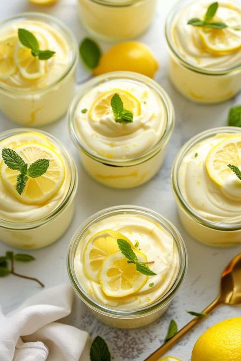 A top-down view of lemon mousse in glass jars, each with a silky surface topped by lemon slices and mint leaves. The jars are spaced on a white surface with subtle shadows, accompanied by fresh lemons and a white cloth, creating a clean and vibrant presentation that exudes freshness. Pie, Lemon Moose Desserts, Jar Of Lemons Recipes, Mini Lemon Dessert Cups, Lemon Curd Parfait Desserts, Lemon Mousse Cups, Easy Lemon Mousse, Lemon Delicious Pudding, Recipes Using Lemon Curd Ideas