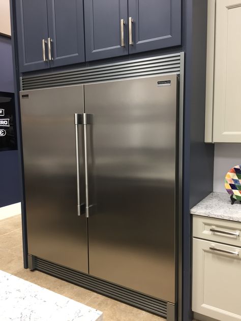 Xl Fridge And Freezer, Kitchen With Commercial Refrigerator, Kitchen With Built In Fridge, Big Fridge Kitchen, Double Refrigerators In Kitchen, Refrigerator Cabinet Ideas, Oversized Fridge, Double Fridge Kitchen, Kitchen Island White Cabinets