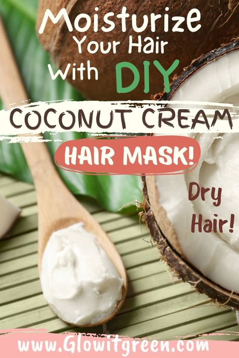 Make a moisturizing hair mask for dehydrated hair with this coconut cream recipe from Glowitgreen.com! Coconut cream is an excellent ingredient to infuse dry hair with the moisture it needs making it soft, supple, and less prone to breakage! Diy Coconut Cream, Natural Hair Recipes, Dry Hair Mask, Coconut Oil Hair Mask Diy, Hair Recipes, Moisturize Dry Hair, Hair Mask Recipe, Homemade Hair Mask, Diy Coconut