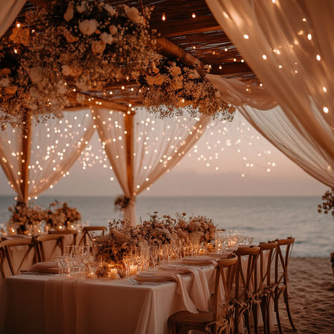 Create the perfect romantic beach wedding with this breathtaking sunset setup. Featuring soft draped fabric, glowing twinkling lights, and elegant floral centerpieces, this venue transforms a seaside setting into a fairytale. The serene ocean backdrop and intimate lighting make it ideal for couples seeking a magical, unforgettable wedding day. Save this pin for inspiration on planning your luxurious beach wedding! #BeachWedding #SunsetWedding #WeddingInspiration #RomanticWeddings #TwinkleLights Wedding Venue Beach Sunset, Pretty Beach Weddings, Beach Wedding Pink Color Schemes, Beach Classy Wedding, Sunset Boho Wedding, Beach Wedding Boho Decor, Wedding At Sunset, Oceanfront Wedding Reception, Beach Wedding Intimate