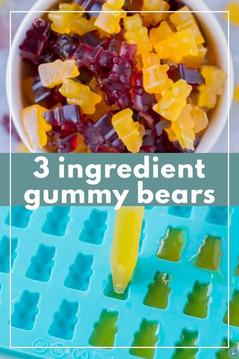 3 Ingredient Gummy Bears are a gut healthy, gluten + refined sugar free, paleo treat that are perfect for those who have a serious sweet tooth. Homemade with only 3 ingredients and done in less than 15 minutes - you'll love them! They're better than fruit snacks! Check out the post for videos on how to make them. Gummy Bears Recipe, Sugar Free Gummy Bears, Healthy Gummies, Homemade Gummies, Sugar Free Snacks, Gummies Recipe, Hungry Girl Recipes, Sugar Free Drinks, Sugar Free Jello