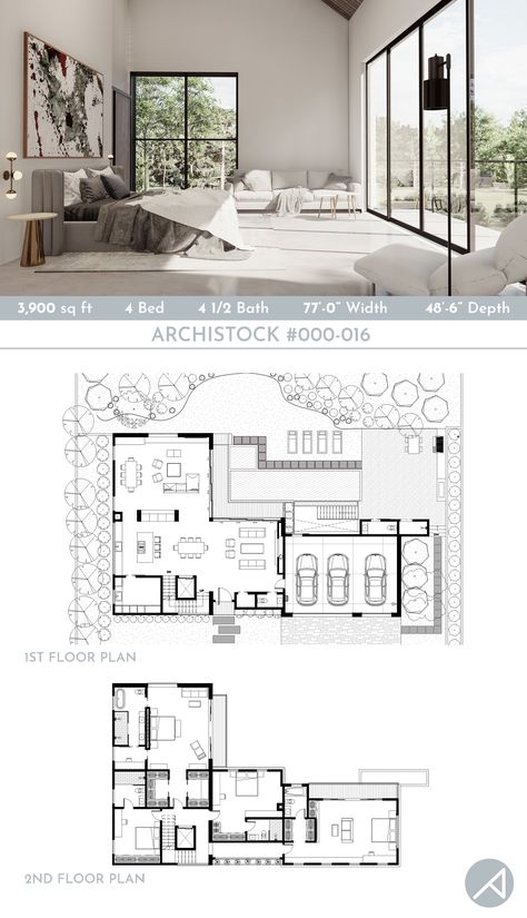 4 Bed, 4.5 Bath Modern Farmhouse Plan. Double story structure with optional basement and attic. Size 77’-0” Wide x 48’-6” Depth, approximately 3,900 sf heated area (not including garage, basement and attic). Please visit our website to see the floor plans, other images, and video of the house. #modernfarmhouse #farmhousemodern #homeplan #houseplan #homefloorplan #modernhouse 4 Bed Rooms House Plan, Contemporary Farmhouse Plans, Minimal House Plan, Farmhouse Layout, Floor Panels, Garage Basement, Modern House Floor Plans, Basement House Plans, Modern Floor Plans