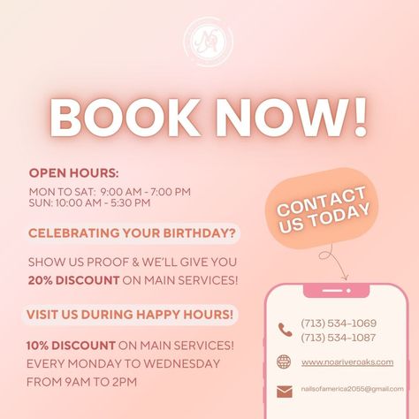 In search of a nail salon in Houston? You found us! ✨

🎉 Birthday Special: Show us proof of your birthday and get 20% OFF main services! Perfect for celebrating in style.
(T&C: Offer valid for the day before and the day of your birthday with ID. Cannot be combined with other offers.)

💅 Happy Hour Deal: Swing by Monday to Wednesday from 9AM to 2PM and enjoy a 10% DISCOUNT on main services!
(T&C: Offer valid during the designated time. Cannot be combined with other promotion.) Nail Promotions Ideas, Nails Salon, Birthday Special, Salon Ideas, Discount Promotion, Birthday Nails, Show Us, Nails Art, Nail Salon