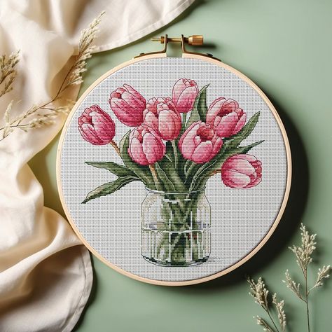 Cross Stitch design Pink Tulip Bouquet, Tulip Cross Stitch, Floral Bouquet Embroidery, Pink Tulips Bouquet, Bouquet Embroidery, Tulips Bouquet, Portrait Cross Stitch, Cross Stitch Modern, Unique Cross Stitch