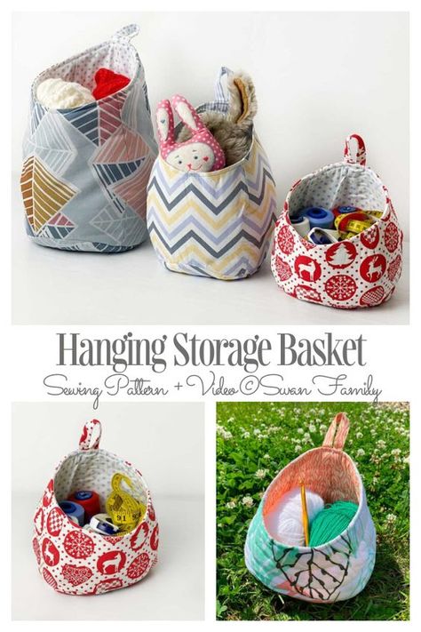 Diy Storage Pods, Hanging Baskets Diy, Sewing Pattern Storage, Basket Sewing Pattern, Fabric Art Diy, Fabric Basket Tutorial, Crochet Storage Baskets, Fabric Hanging, Fabric Storage Baskets