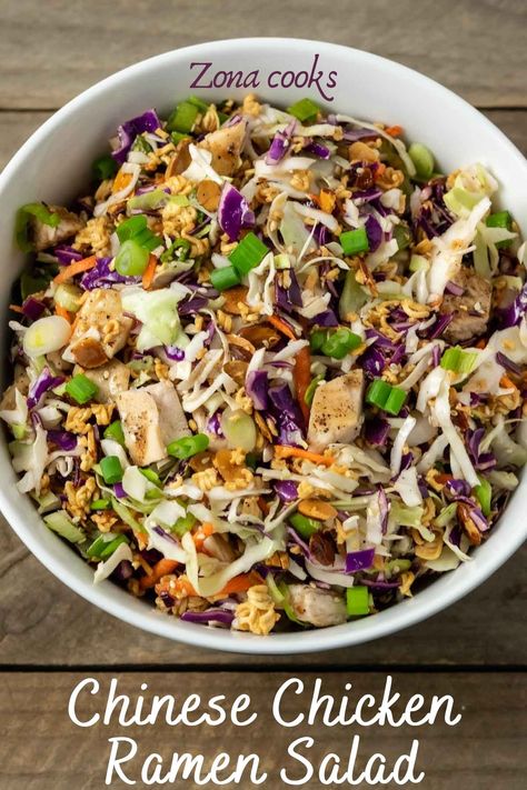 This Chinese Chicken Ramen Salad is quick and easy to make. It’s crunchy with a hint of sweetness and super delicious. Cooked chicken is added to crunchy toasted ramen noodles, sliced almonds, coleslaw mix, green onions, and sesame seeds topped with a delicious homemade dressing. Add a sprinkle of cayenne for some spicy heat. This Chicken Ramen Noodle Recipe makes a great lunch, dinner, or date night meal for two. Raman Salad, Crispy Chow Mein, Asian Ramen Noodle Salad, Chicken Ramen Noodle Recipes, Crispy Chow Mein Noodles, Chinese Salad, Chicken Salad Croissant, Chicken Salad Dressing, Chinese Chicken Salad Recipe