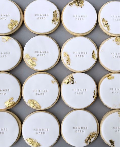 Wedding iced cookie favours favors edible gold leaf personalised Wedding Cookie Party Favors, Customized Cookies, Cookie Favors Wedding, Fondant Wedding Cookies, Wedding Favors Cookies, White And Gold Wedding Cookies, Personalized Cookies Wedding, Wedding Favours Cookies, Personalised Cookies