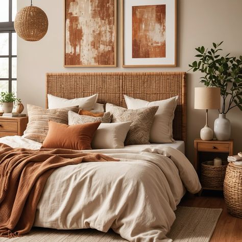 Terracotta Neutral Bedroom, Boho Neutral Bed, Taupe And Terracotta Bedroom, Cozy Terracotta Bedroom, Terracota Bedding Room, Terracotta Cream Bedroom, Terracotta And Wood Bedroom, Cream And Rust Bedroom, Terracotta And Cream Bedroom