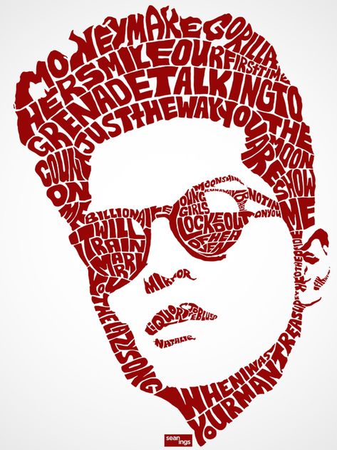 Bruno Mars | Pop Star Portraits Made From Their Famous Lyrics Typographic Portrait, Typography Portrait, Surealism Art, Typographic Art, Pottery Workshop, Typography Poster Design, Typographic Poster, Graphic Design Lessons, Graphic Tshirt Design